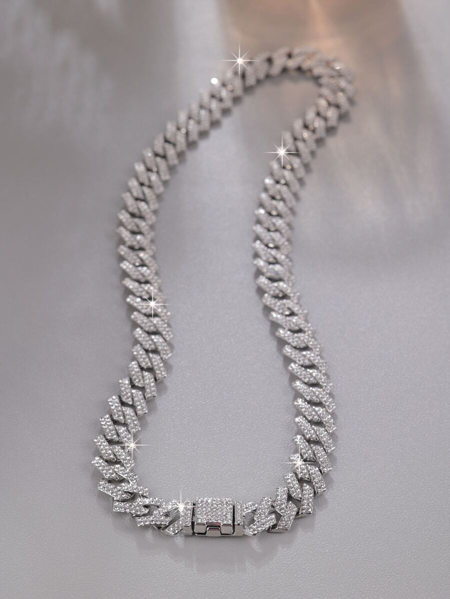 CVNANA 1 件歐美街頭風格時尚鏈條水鑽裝飾男女翻蓋吊墜項鍊,配銀色鑽石形手鍊,多種尺寸可供情侶首飾 - 銀色 - 查看 1