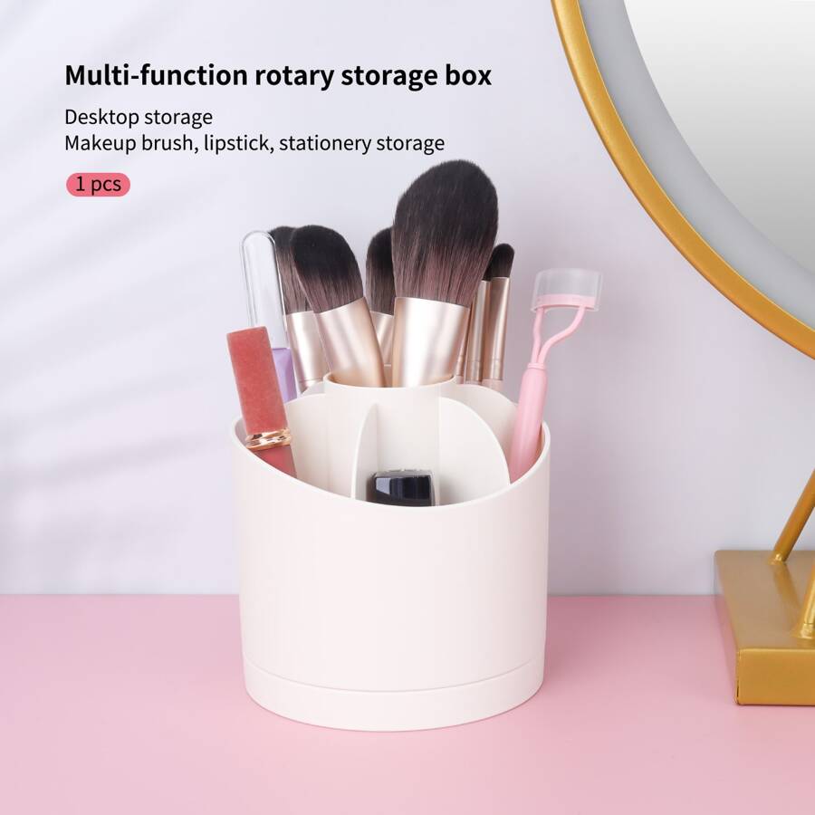 1pc White Multi-functional Rotating Storage Box For Desktop Office Supplies, Makeup Brushes And Lipsticks Organization - White - View 1