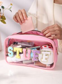 Chenille Stuff Letter Trong suốt Túi trang điểm du lịch Preppy Patch, 1Pc Túi đựng mỹ phẩm đa chức năng nhẹ Túi đựng vòi hoa sen Túi đựng mỹ phẩm di động Hộp đựng bàn chải có khóa kéo cho son môi, cọ, chăm sóc da, điện thoại di động, tiền xu, vật dụng nhỏ, cho gia đình, du lịch, kỳ nghỉ Và sử dụng trong trường học Hộp đựng đồ trang điểm Hộp đựng đồ trang điểm - Hồng - Xem 2