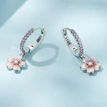 WOSTU 1pair Vintage Flower Crystal Hoop Earrings Women 925 Sterling Silver Pink Cherry Blossoms Drop Earring Wedding Statement Earrings Valentines
