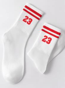 1 Pair Unisex Mid-Calf Socks With Number 23 Stripes And Double Bar Design, Odor-Resistant, Moisture-Wicking, Casual, Versatile, Suitable For Daily Wear
