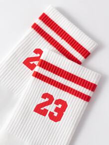 1 Pair Unisex Mid-Calf Socks With Number 23 Stripes And Double Bar Design, Odor-Resistant, Moisture-Wicking, Casual, Versatile, Suitable For Daily Wear