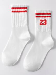 1 Pair Unisex Mid-Calf Socks With Number 23 Stripes And Double Bar Design, Odor-Resistant, Moisture-Wicking, Casual, Versatile, Suitable For Daily Wear