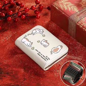 可爱猫咪图案双折钱包：PU 皮革信用卡夹和女士手拿包，带夹子，便携、钱、现金，白领人士，女大学生、工作、商务、通勤、办公室、周年纪念、情侣、生日礼物、情人节礼物、教师礼物