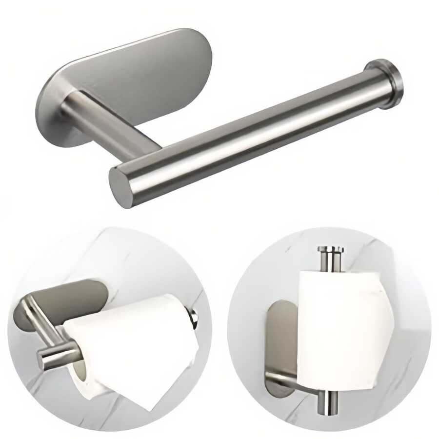 1 Miếng Tự dính Phòng vệ sinh Cuộn Giá đỡ , Dày lên Thép không gỉ Chống rỉ , Khoan Cần thiết , Thích hợp Đối với Phòng tắm , Phòng bếp , Phòng vệ sinh Và , Có thể Tường - Hộp đựng khăn giấy bạc - Xem 1