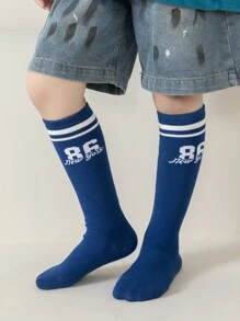 3雙兒童用藍白色號碼條紋字細節高筒袜，吸濕排汗、保護腿部、保暖，適合跑鞋、運動鞋、時尚青少年男女，秋冬系列，現代時尚假日風格，中等厚度，全年保護腿部 - 彩色 - 查看 10