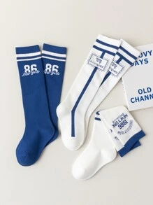 3雙兒童用藍白色號碼條紋字細節高筒袜，吸濕排汗、保護腿部、保暖，適合跑鞋、運動鞋、時尚青少年男女，秋冬系列，現代時尚假日風格，中等厚度，全年保護腿部 - 彩色 - 查看 4
