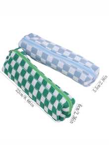 1pc Korean Style Minimalist Knitted Checkered Pencil Case With Large Capacity, Highly Attractive Level, For Students - Multicolor - View 4