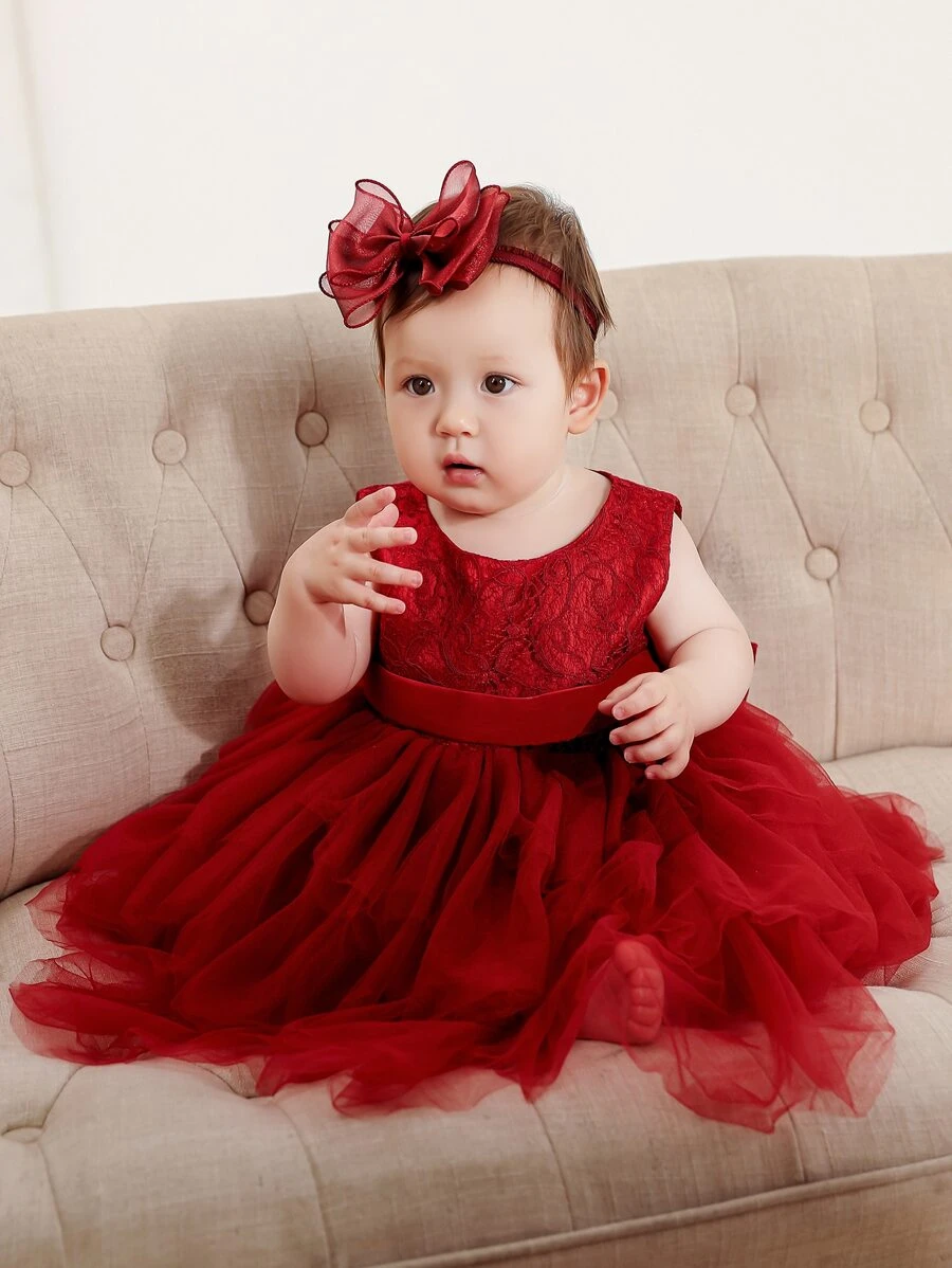 Baby Girls 紅色蕾絲蓬裙洋裝,適用於生日/婚禮小花童裝 - 酒紅色 - 查看 1