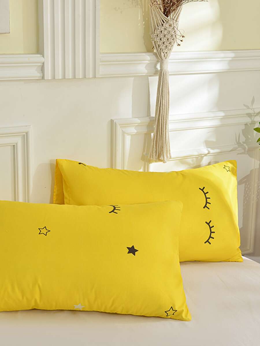 2入組滌綸柔軟的和厚睫毛圖案枕套不附帶填充,黃色的背景床上用品枕頭覆蓋 - 卡通 - 查看 1