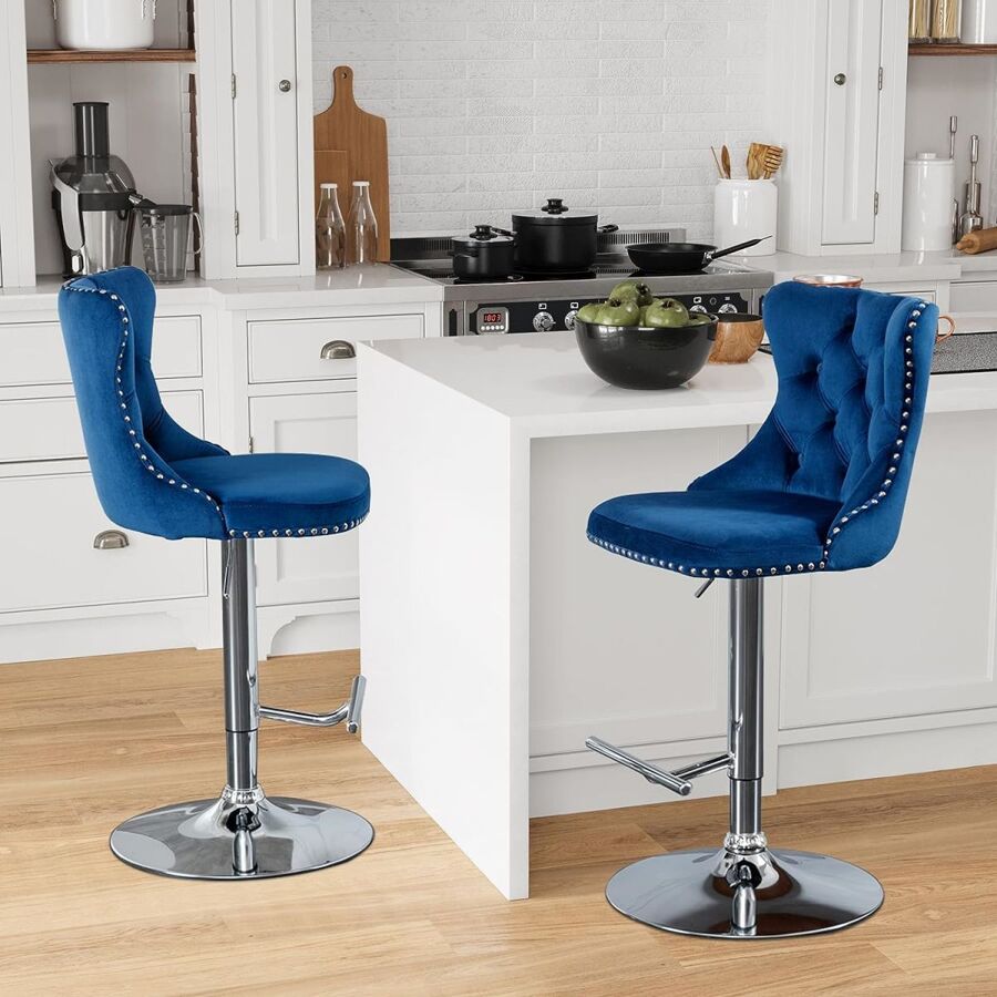 2/4/6 Piece Set Adjustable Swivel Bar Stools, Dining Bar Chairs With Velvet Tufted Back, Metal Base, Footrest For Home Bar, Dining Room, Kitchen Island. - 藍銀 - 查看 1