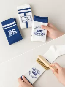 3雙兒童用藍白色號碼條紋字細節高筒袜，吸濕排汗、保護腿部、保暖，適合跑鞋、運動鞋、時尚青少年男女，秋冬系列，現代時尚假日風格，中等厚度，全年保護腿部 - 彩色 - 查看 11