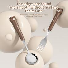 1件套卡通熊形不銹鋼勺叉套裝,可愛熊造型便攜餐具套裝合適的適用於家庭,學校,辦公室,和旅行