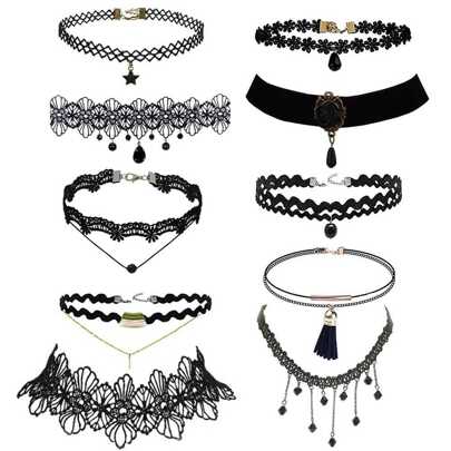 1 set 10 piezas de mujeres con encaje estilo gótico clásico terciopelo negro elástico punk antiguo Halloween Navidad Gargantilla collares