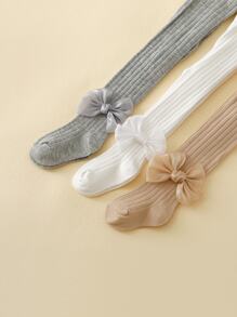 3 Pairs Girls Cute Bow Decor Versatile Solid Color Tight Leggings, Soft & Fashionable For Girls Daily Wear - Multicolor - View 3