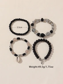 4入組波西米亞風格的玻璃&木製&珠子&蝴蝶&貝殼吊飾手鐲組合,適合女性休閒時尚海灘假期 - 黑色 - 查看 3