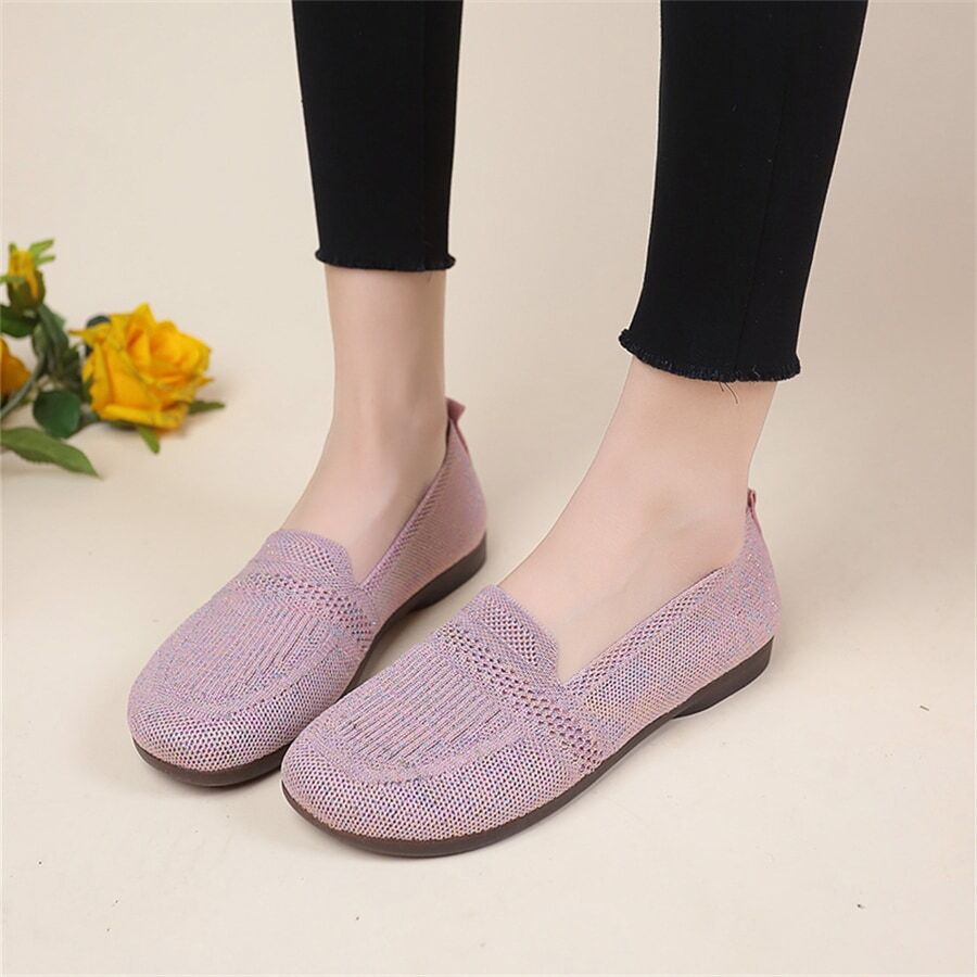 Zapatos De Pala Tejidos Para Mujeres, Cómodos Y Transpirables Con Puntera Cuadrada, Suela Plana Suave Y Fáciles De Usar Para Personas Mayores - Rosa - Ver 1
