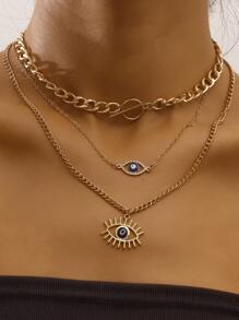 2pcs Three Layers Ot Clasp & Rhinestone-studded Blue Evil Eye Pendant Necklace (niche Style) - Gold - View 1