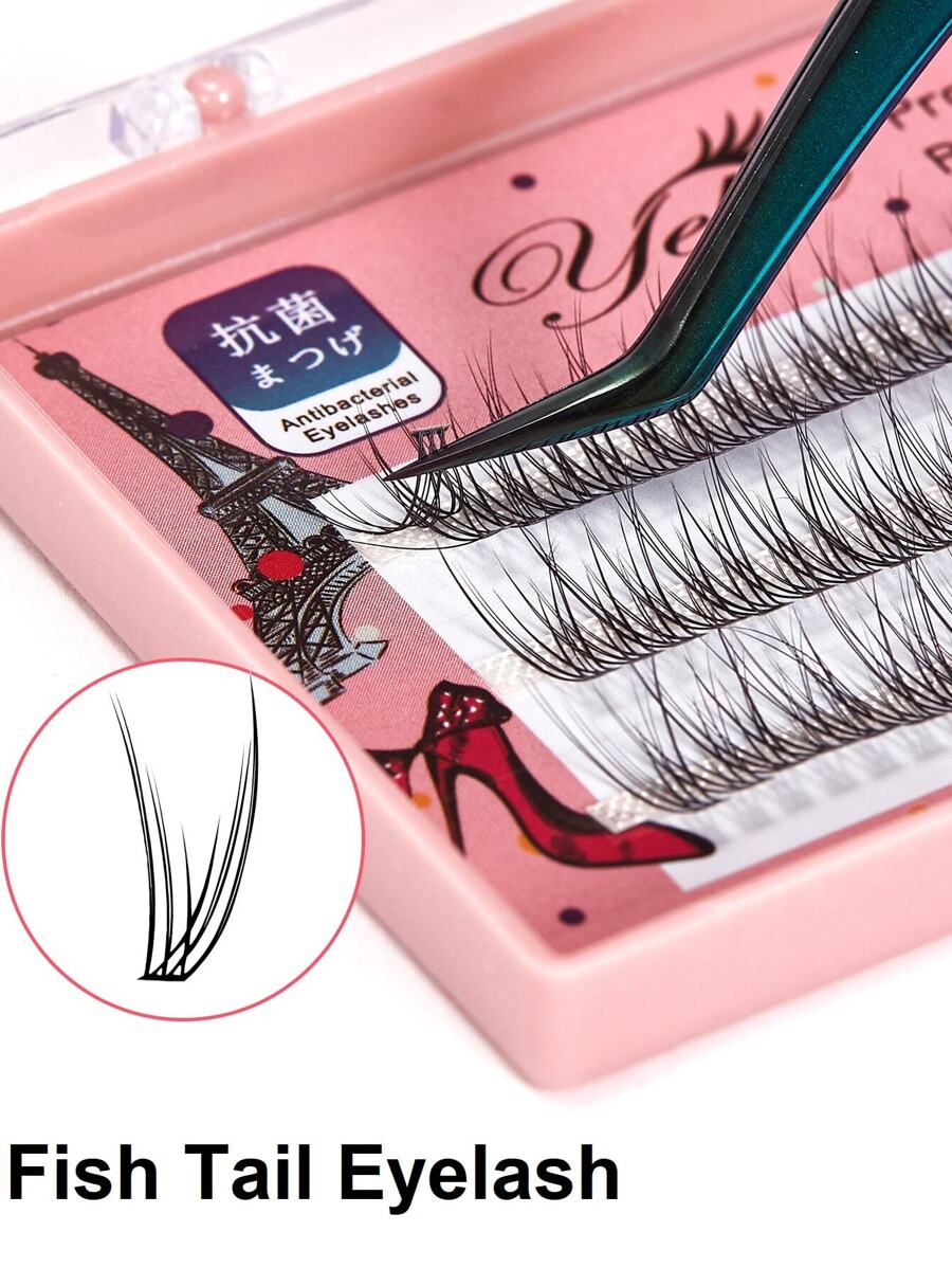 yelix 120 簇预制鱼尾形假睫毛漫画睫毛自嫁接 DIY 簇状浓密燕尾睫毛 0.07C 卷翘睫毛簇、睫毛簇、单根睫毛、睫毛、假睫毛 - 黑色 - 查看 1