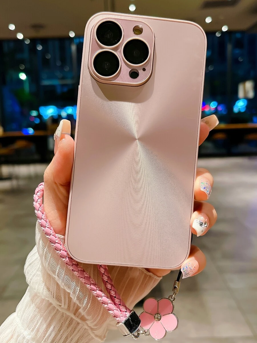 手机饰品 新款时尚 PC 硬壳激光 CD 光盘板 带高清玻璃镜头膜防震 + 紫色花朵挂绳手机壳 兼容 iPhone 11/12/13/14/15/16 Pro Max - 粉色 - 查看 1