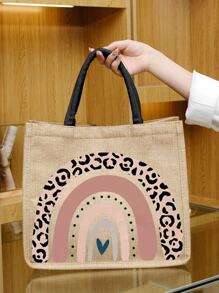 教師感謝禮物女士亞麻布包高容量手提袋畢業禮物豹紋元素印花時尚手提袋學校禮物海灘度假 - 卡其色 - 查看 3
