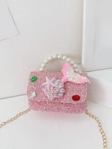 Mini Glitter Decorated Fashionable Faux Pearl Evening Bag - Hot Pink - View 6