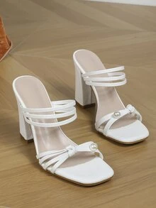 女性白色珍珠方頭高跟鞋帶外漏腳趾,粗跟涼鞋帶薄背帶和涼鞋 - 白色 - 查看 4