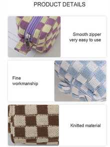 1pc Korean Style Minimalist Knitted Checkered Pencil Case With Large Capacity, Highly Attractive Level, For Students - Multicolor - View 2