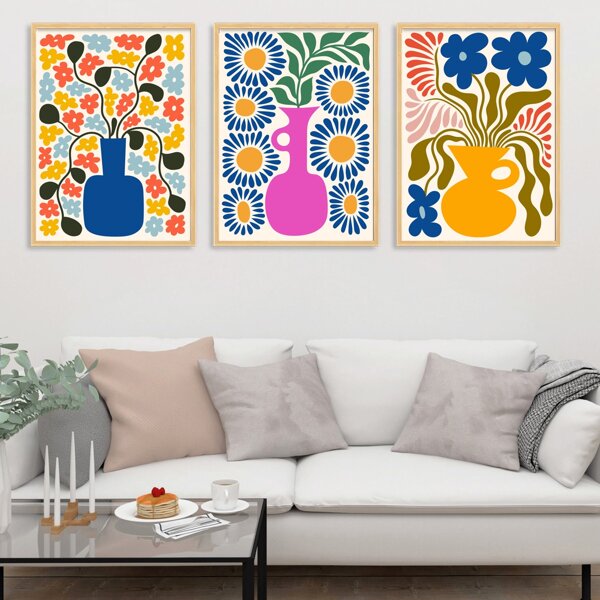 Set Of 3 Pieces Flower Vase Abstract Geometric Color Block Floral Pattern Polyester Fiber Canvas Paintings Without Frame, Suitable For Living Room, Bedroom, Study, Dining Room, Children's Room, Home Decor