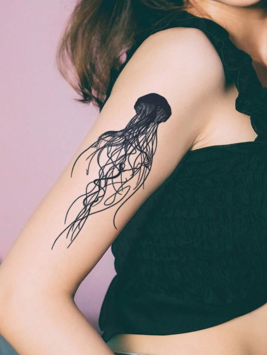 1張水母圖案紋身貼紙臨時紋身貼假紋身貼防水臨時紋身貼手掌手臂肩膀身體藝術 - 黑色 - 查看 1