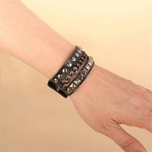 2Pcs/Set Pu Leather Rock Spikes Rivet Chains Gothic Punk Wide Cuff Leather Bracelet Bangle Best Gift - Black - View 2