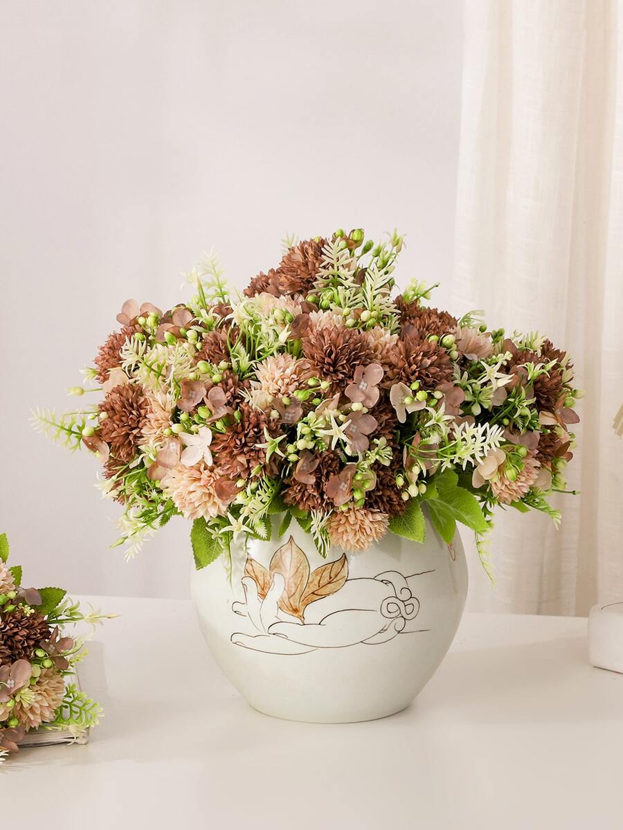 1入組5朵la Fleur Joyeuse乒乓菊花束,有7種顏色,秋季風格,馬卡龍色彩搭配,人造花,攝影道具,裝飾用品 - 咖啡棕 - 查看 1