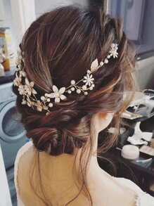 1pc Premium Handmade Bride Photoshoot Hairband Twisted Faux Pearl & Gold Leaf Decor Headband Turban Headband Sweatband Fall Winter Hair Band Hair Accessories For Women For Vacation Outfits Woman Elegant Scarf Women Bandana Soft Headwrap - Multicolor - View 2