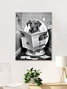 1pc Animal Bathroom Art, A Dog Reading Newspaper On The Toilet, Canvas Wall Decor, White, Suitable For Living Room Entryway Home Decor, Art Canvas Print, Suitable For Living Room Bedroom Or More, Reusable And Removable Unframed Wall Art - Multicolor - View 7