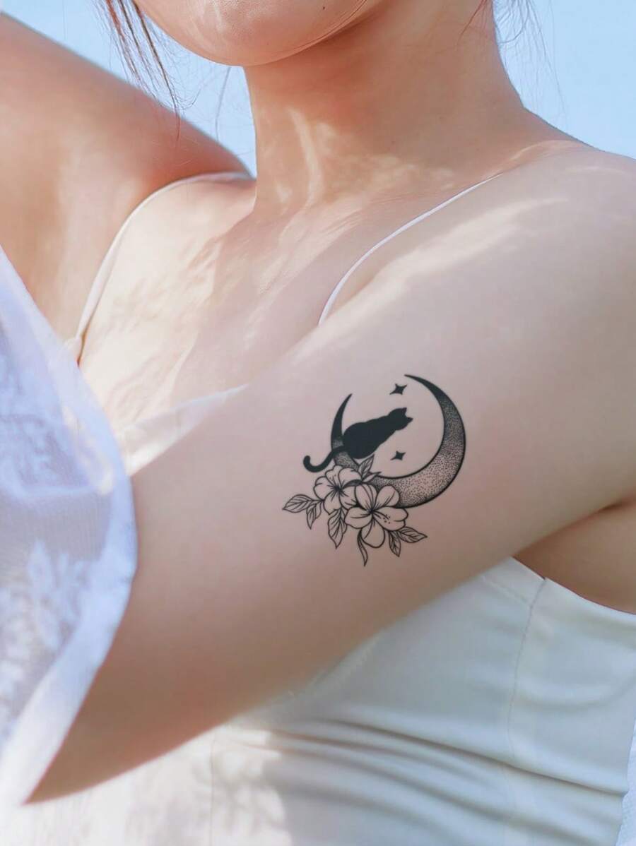 1 hoja de pegatina de tatuaje con patrón de gato y flor, tatuaje temporal falso - Negro - Ver 1