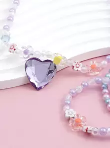 Set de 4 piezas de joyería de cuentas con dije de corazón de acrílico para niñas, incluyendo pulsera y collar, color aleatorio, apto para uso diario - Multicolor - Ver 5