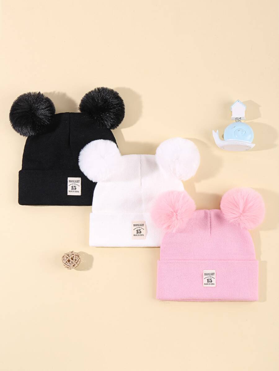 3pcs Children's Knitted Beanie Hat Set With Pom Pom - Multicolor - View 1