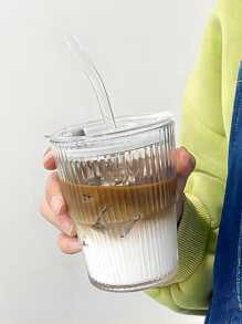 Striped Glass Iced Coffee Cup To Go Cup With Lid And Striped Straw For Cold Latte, Summer - Clear - View 2