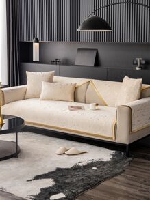 1pc Jacquard Chenille Sofa Cover/couch Slipcover With Golden Border For Seat, Backrest And Armrest All Seasons Universal - Beige - View 10