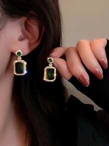 4pcs Women's Deluxe Square Shaped Jewelry Set With Rhinestone Decoration, Including 1 Necklace, 2 Earrings And 1 Ring, Suitable For Various Occasions Such As Daily Wear And Parties, Best Gift Choice - Green - View 4