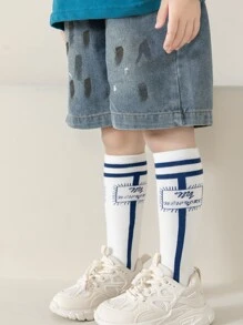 3雙兒童用藍白色號碼條紋字細節高筒袜，吸濕排汗、保護腿部、保暖，適合跑鞋、運動鞋、時尚青少年男女，秋冬系列，現代時尚假日風格，中等厚度，全年保護腿部 - 彩色 - 查看 7