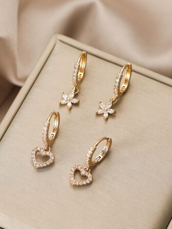 4 st koppar inlagda Zirconia örhängen Set med mån, stjärna, blomma och oktagram geometriskt formade dangle örhängen, perfekt för damer att bära på dagligen, dejting, fest eller bröllop tillfällen Alla hjärtans dag