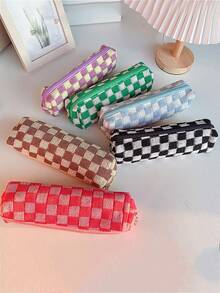 1pc Korean Style Minimalist Knitted Checkered Pencil Case With Large Capacity, Highly Attractive Level, For Students - Multicolor - View 5