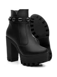 Bota Feminina Salto Plataforma Pedraria Preta Blogueira - Preto - Visão 4