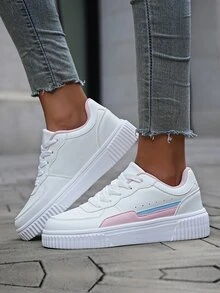 2024 New Women Fashion Sneakers, Comfortable Anti-Slip Thick Sole Low Top Casual Breathable Black & White Versatile Trainers - Pink - View 4