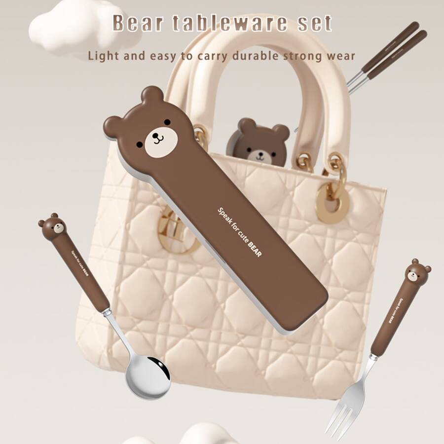 1件套卡通熊形不銹鋼勺叉套裝,可愛熊造型便攜餐具套裝合適的適用於家庭,學校,辦公室,和旅行