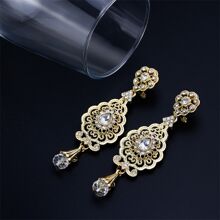 Nữ Màu Vàng Hình Giọt Lệ Cutout Bông Tai, Đám Cưới Cô Dâu Phụ Kiện Trang Sức Hoàng Gia Thanh Lịch - Vàng - Xem 2