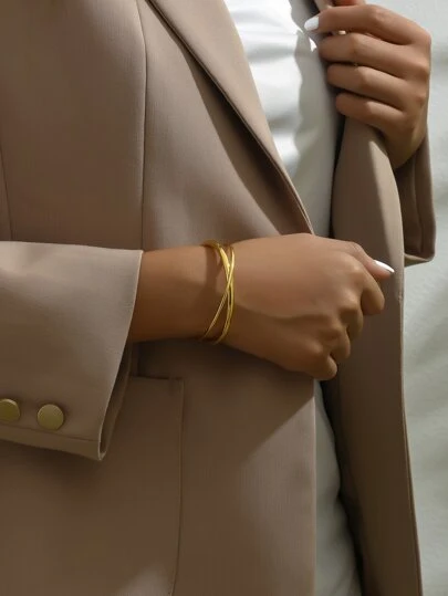 1pc High Quality, Oversized, Fashionable Dual Line Stainless Steel Gold Color Bangle, Suitable For Daily Wear, Women Jewelry