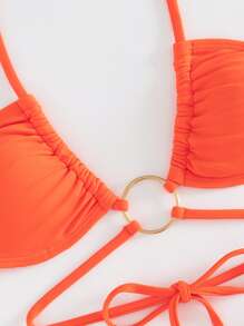 August vacation Conjunto de 2 piezas de traje de baño de verano, bikini dividido de mujer con diseño de argollas de amarre - Naranja - Ver 3