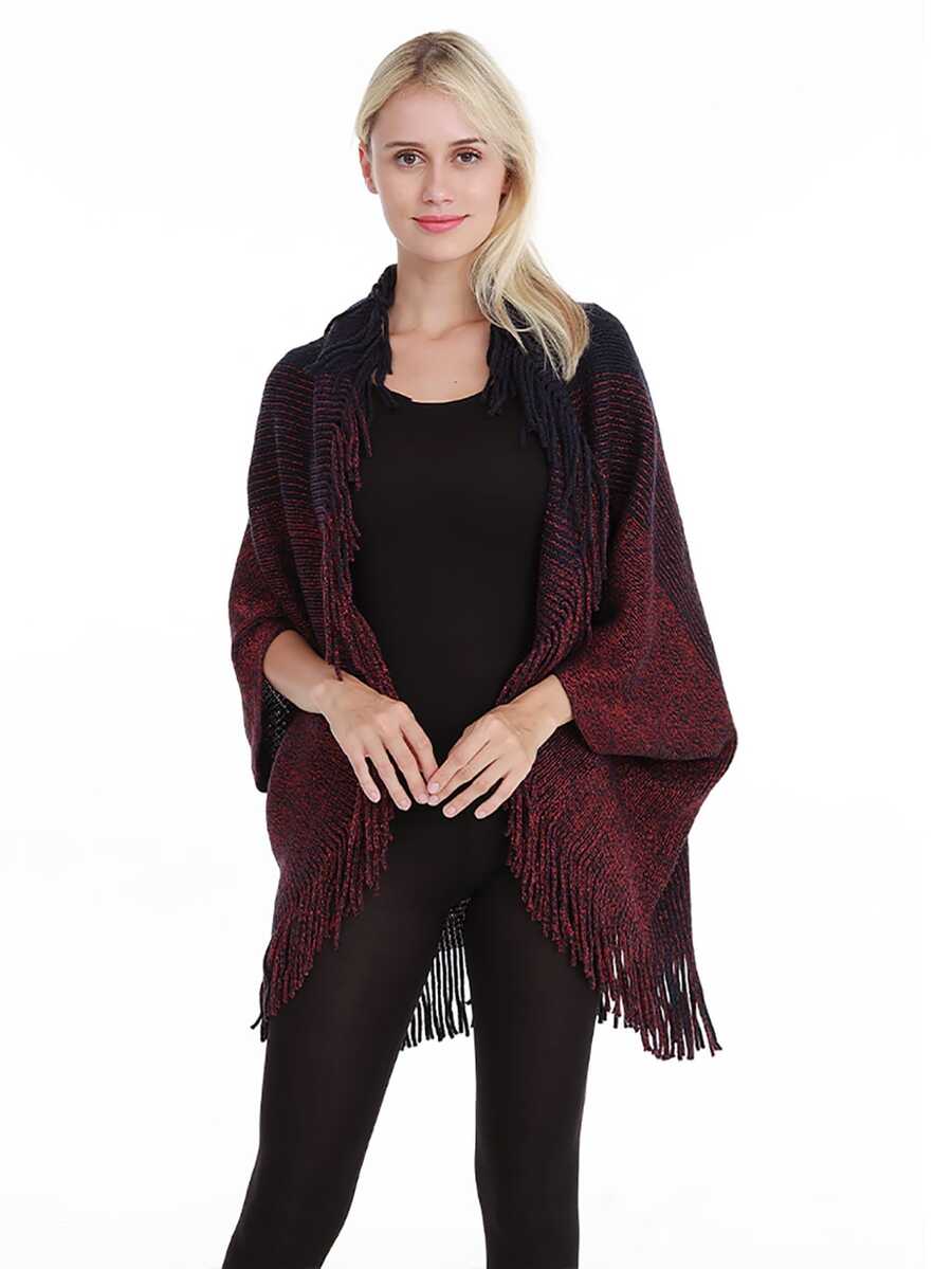 1件色塊流蘇斗篷披風,加大尺寸寬鬆針織蝙蝠袖披肩,適用於冷氣房 - 彩色 - 查看 1